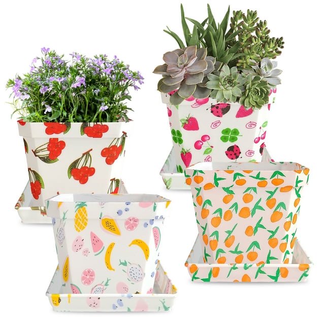 4 Pcs Multicolor Printed Plastic Flower Pots with Drainage Hole and