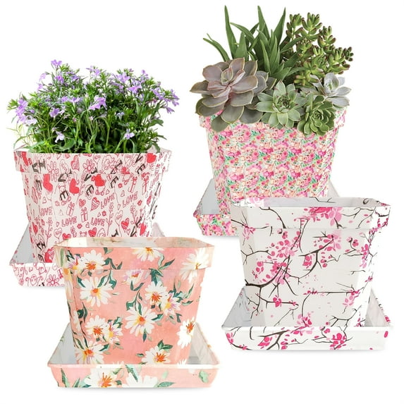 4 Pcs Multicolor Printed Plastic Flower Pots with Drainage Hole and Tray Saucer, Planter Pots for Indoor Outdoor Garden Plants and Flowers, Modern Decorative Gift Idea 10*8.5cm