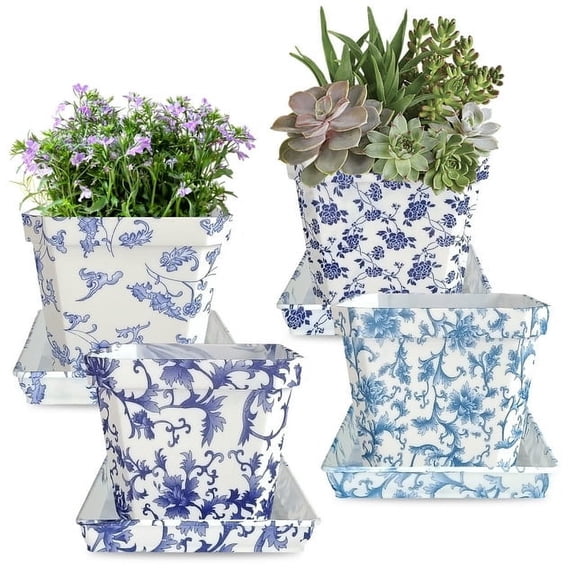 4 Pcs Multicolor Printed Plastic Flower Pots with Drainage Hole and Tray Saucer, Planter Pots for Indoor Outdoor Garden Plants and Flowers, Modern Decorative Gift Idea 10*8.5cm