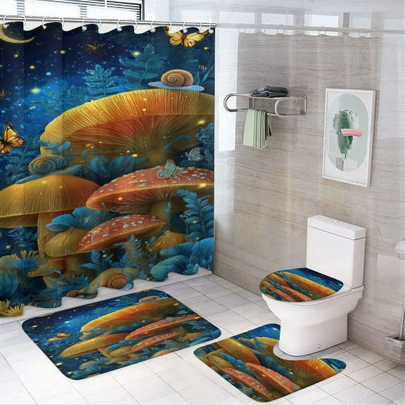 4 Pcs Mushroom Butterfly Flower Shower Curtain Set with Non-Slip Rugs Bathroom Set Bathroom Carpet Bath Mat And Toilet Rugs
