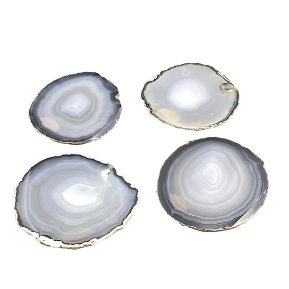 4 Pcs Natural Agate Stone Coasters, 2.4-3.1 in / 6-8 cm, Polished Geode Drink Mats, Water Ripple Design, Dining Table Decor, No Dye Agate