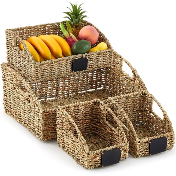 4 Pcs Natural Seagrass Storage Baskets Set Stackable Handwoven Wicker Storage Bins with Chalkboard Label Built-in Handles Woven Container Basket Kitchen Baskets for Shelves