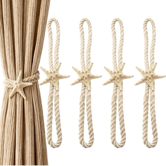 4 Pcs Natural Starfish Curtain Tiebacks, Handmade Woven Rope Curtain Ties for Coastal Home Decor, Outdoor Patio, Living Room & Bedroom Window Accessories