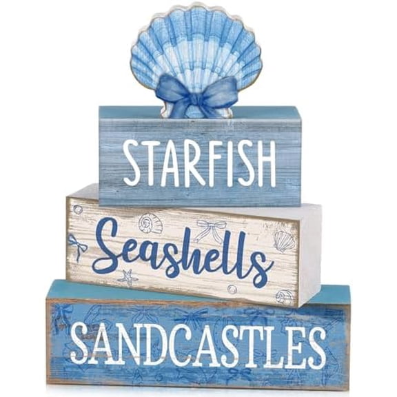 4 Pcs Nautical Beach Decor Shell Tiered Tray Decoration Blue Bow Table Centerpieces Summer Rustic Decorative Block Signs Gift Farmhouse Table Sign for Home Kitchen Shelf
