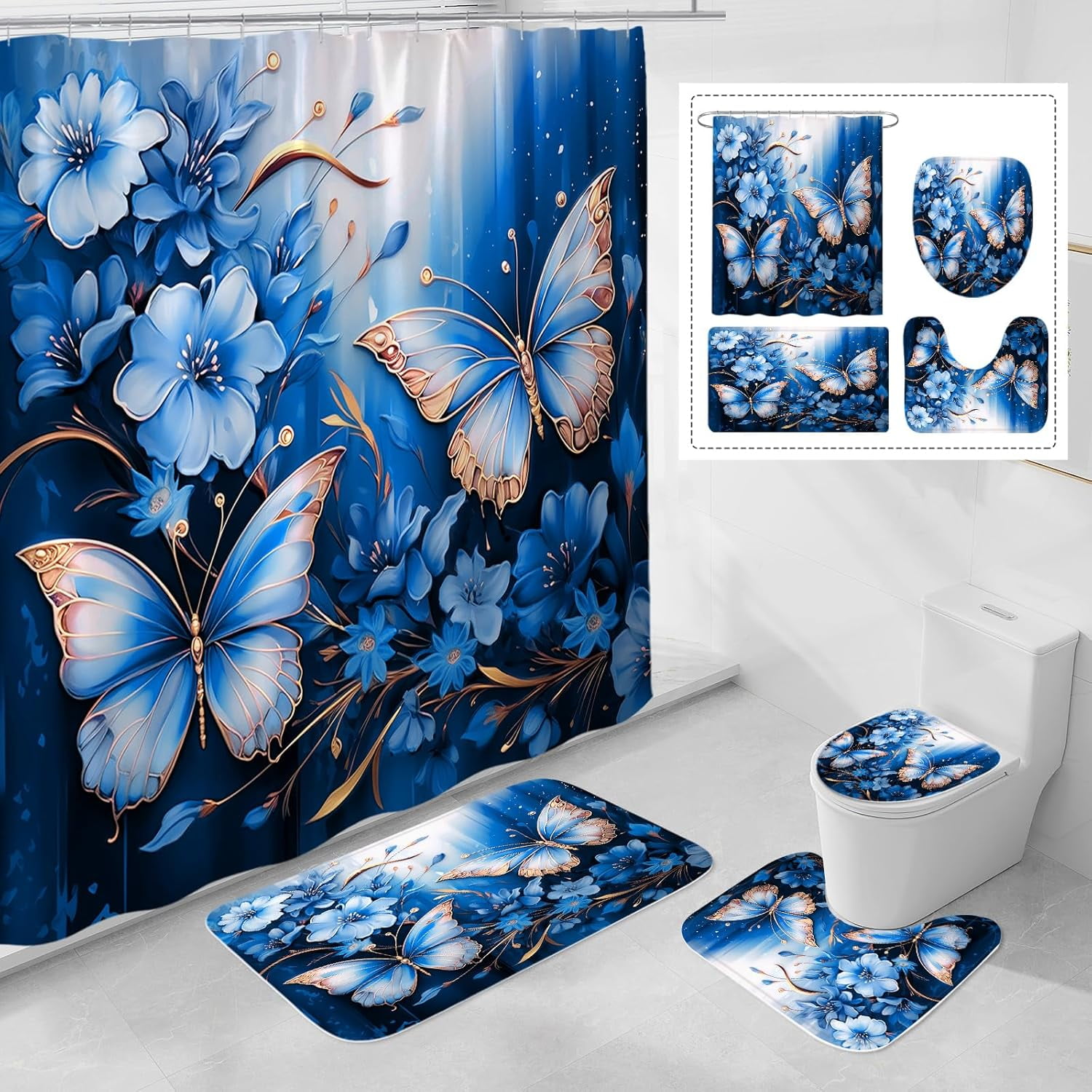 4 Pcs Blue Floral Butterfly Shower Curtain Set with Non-Slip Rugs, Modern Toilet Lid Cover and Bath Mat, Sparkling Bathroom Decor Set with Shower Curtain and Rugs