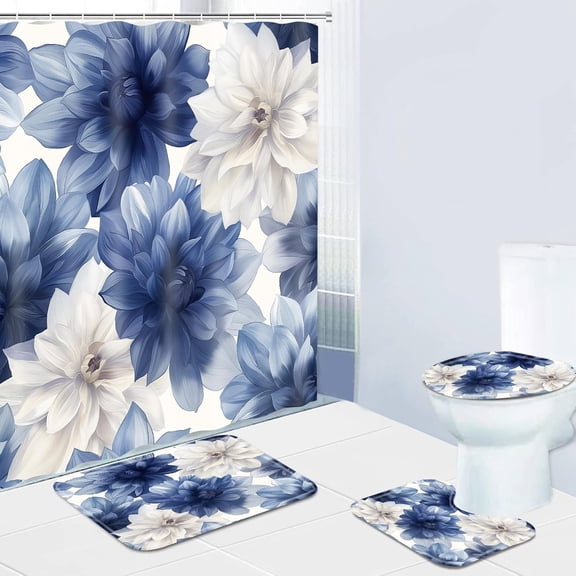 Navy Blue Floral Shower Curtain Set Bathroom Sets with Waterproof Fabric Shower Curtain and Non-Slip Rugs Toilet Lid Cover Bath Mat Decor with Hooks(72x72 Inch)