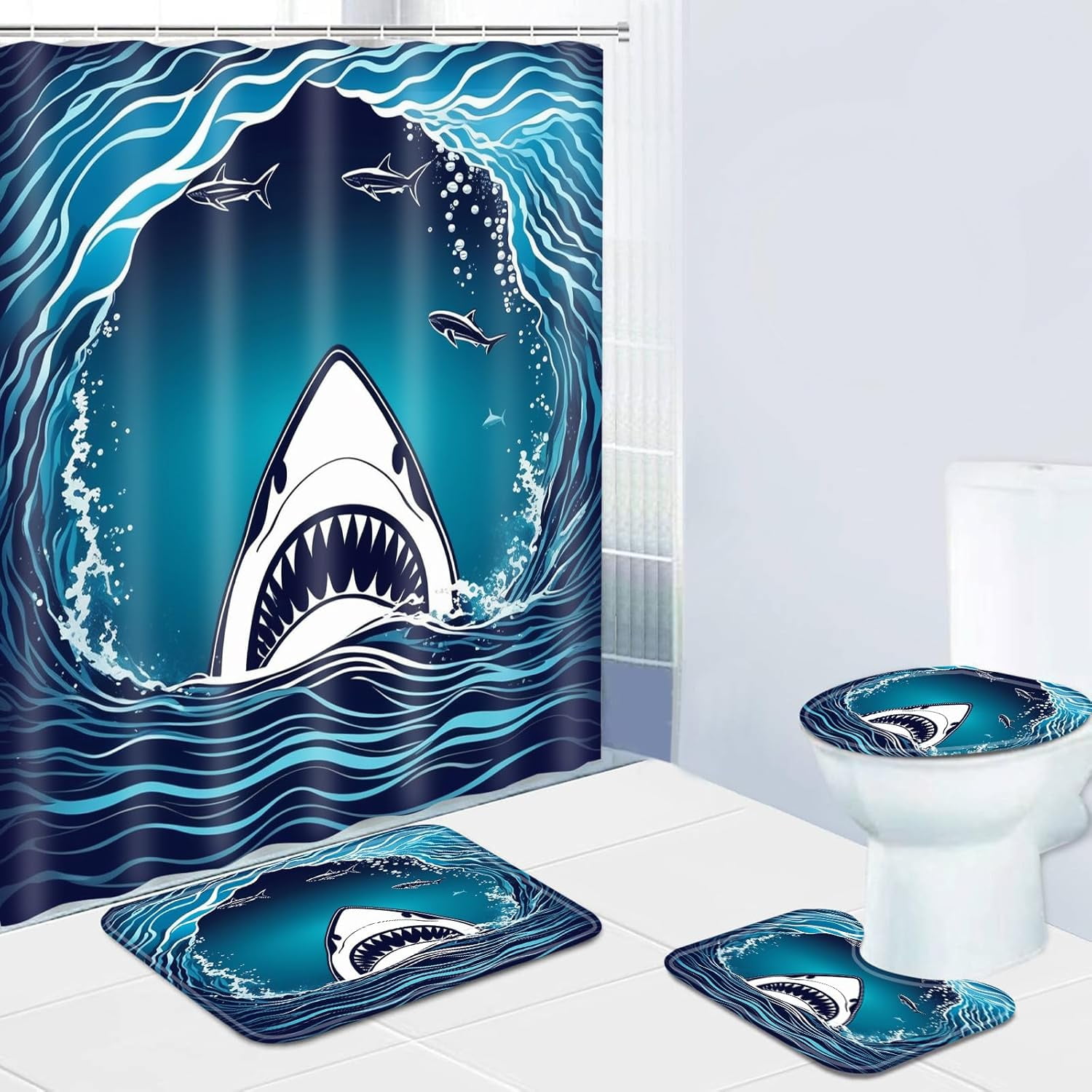 4 Pcs Navy Blue Floral Shower Curtain Set Bathroom Sets with Waterproof Fabric Shower Curtain and Non-Slip Rugs Toilet Lid Cover Bath Mat Decor with Hooks(72x72 Inch)