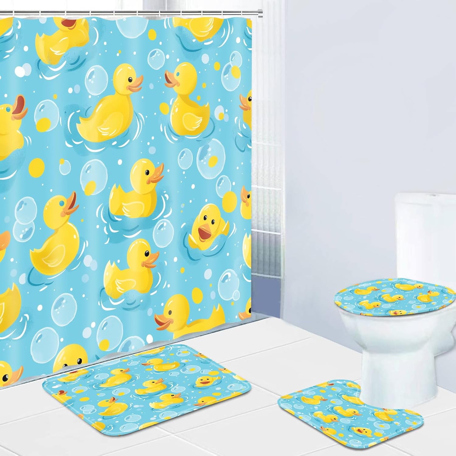 4 Pcs Navy Blue Floral Shower Curtain Set Bathroom Sets with Waterproof Fabric Shower Curtain and Non-Slip Rugs Toilet Lid Cover Bath Mat Decor with Hooks(72x72 Inch)