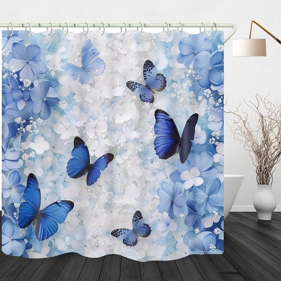 Navy Blue Floral Shower Curtain Set Bathroom Sets with Waterproof Fabric Shower Curtain and Non-Slip Rugs Toilet Lid Cover Bath Mat Decor with Hooks(72x72 Inch)