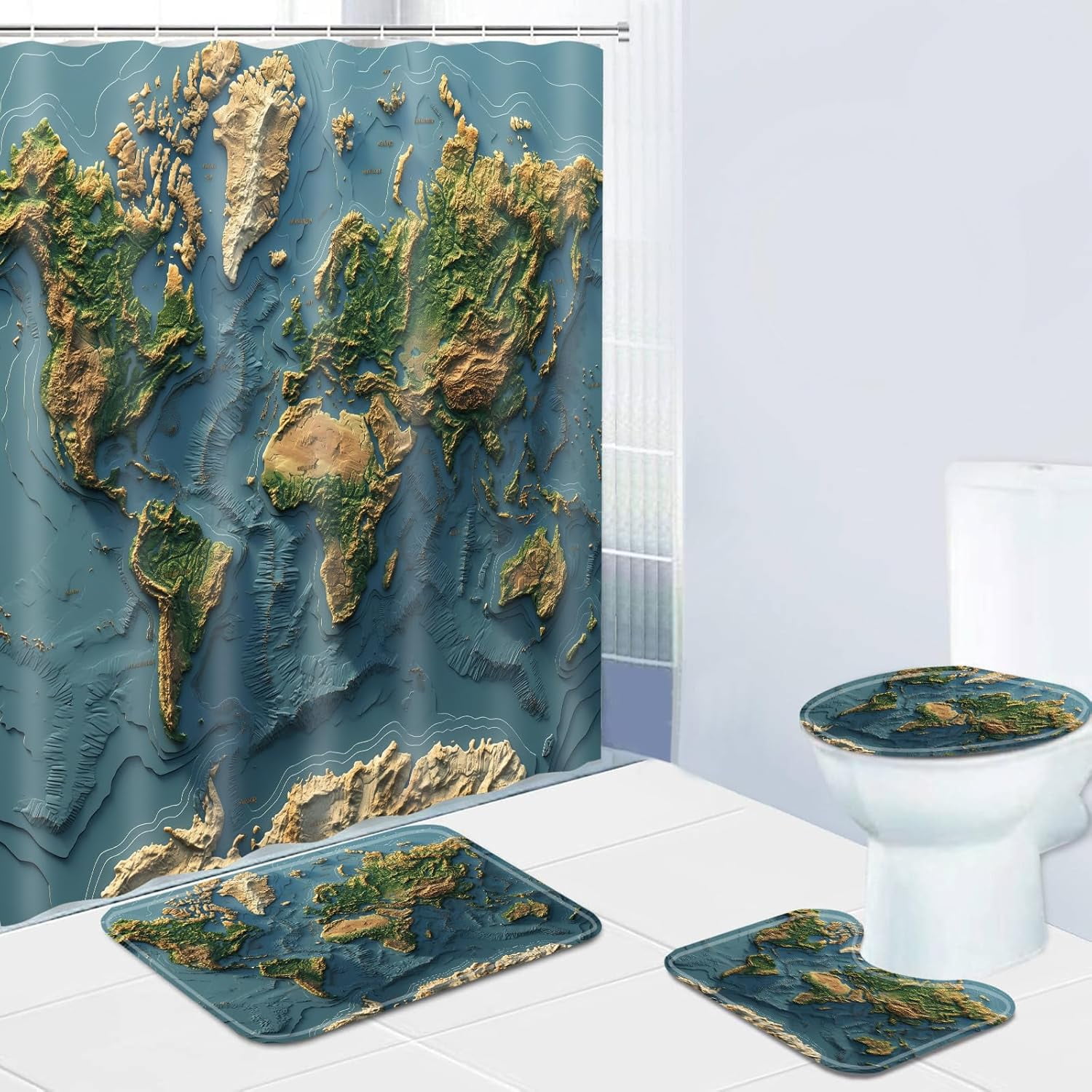 4 Pcs Navy Blue Floral Shower Curtain Set Bathroom Sets with Waterproof Fabric Shower Curtain and Non-Slip Rugs Toilet Lid Cover Bath Mat Decor with Hooks(72x72 Inch)