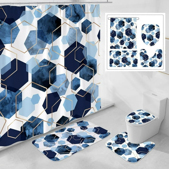 4 Pcs Navy Blue Modern Geometric Shower Curtain Set with Non-Slip Rugs, Toilet Lid Cover and Bath Mat, Abstract Bathroom Decor Set with Shower Curtain and Rugs