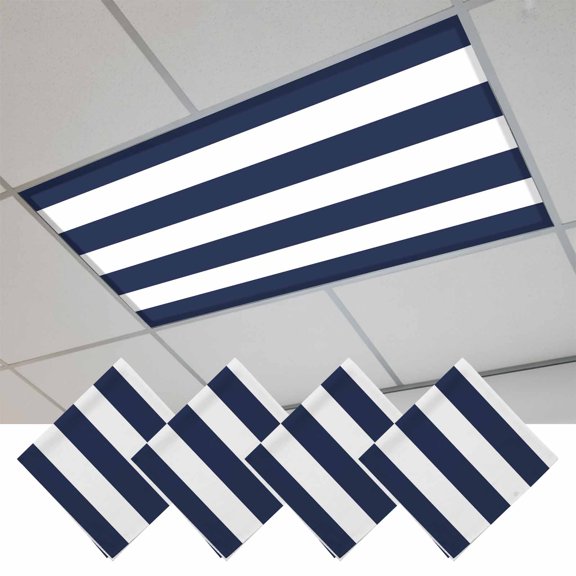4 Pcs Navy Blue White Stripes Simple Fluorescent Light Covers, Geometric Magnetic Light Covers for Ceiling Lights 4 x 2 ft Drop Ceiling Lights Cover Shade for Office, Home, Hospital