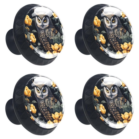 4 Pcs Night Owl Print Cabinet Knobs 30mm Round Crystal Glass Drawer Handles Pulls with Screws for Kitchen Cupboard Wardrobe Closet Dresser, Home&Office