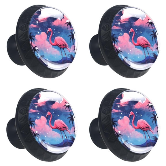 4 Pcs Night Starry Sky Pink Flamingo Print Cabinet Knobs 30mm Round Crystal Glass Drawer Handles Pulls with Screws for Kitchen Cupboard Wardrobe Closet Dresser, Home&Office