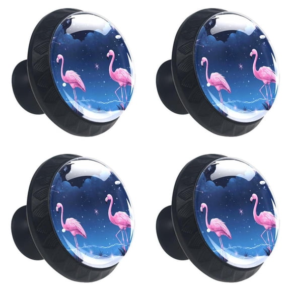 4 Pcs Night Starry Sky Pink Flamingo Print Cabinet Knobs 30mm Round Crystal Glass Drawer Handles Pulls with Screws for Kitchen Cupboard Wardrobe Closet Dresser, Home&Office