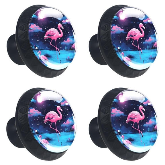 4 Pcs Night Starry Sky Pink Flamingo Print Cabinet Knobs 30mm Round Crystal Glass Drawer Handles Pulls with Screws for Kitchen Cupboard Wardrobe Closet Dresser, Home&Office