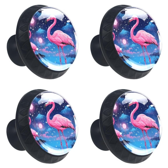 4 Pcs Night Starry Sky Pink Flamingo Print Cabinet Knobs 30mm Round Crystal Glass Drawer Handles Pulls with Screws for Kitchen Cupboard Wardrobe Closet Dresser, Home&Office