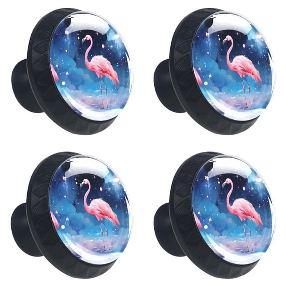 4 Pcs Night Starry Sky Pink Flamingo Print Cabinet Knobs 30mm Round Crystal Glass Drawer Handles Pulls with Screws for Kitchen Cupboard Wardrobe Closet Dresser, Home&Office