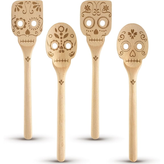 4 Pcs Nightmare Gifts Nightmare Wooden Christmas Spoons Dia De Los Muertos Decor Skull Silverware Set Bamboo Cooking Gift Christmas Kitchen Accessories for Women Men House Warming Gift