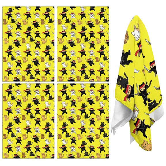 4 Pcs Ninja Cat Yellow Pattern Funny Kitchen Towels, Microfiber Dish Towels, Kitchen Tea Towels Set 18" X 26"
