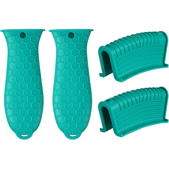 4 Pcs Non-Slip Silicone Hot Handle Holder & Assist Grips, Potholder for Cast Iron Skillets, Heat Resistant Handle Cover Sleeve for Frying Pans, Casserole, Cookware Handle, Lake Blue