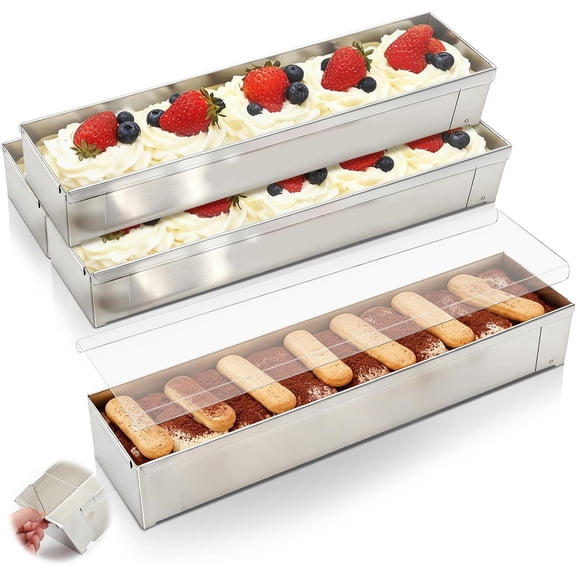 4 Pcs Nonstick Rectangle Tiramisu Cake Pan with Acrylic Lid Removable Frame 304 Stainless Steel Cake Baking Molds for Tiramisu Cheesecake Mousse, 15.75 x 3.94 x 2.56 Inch