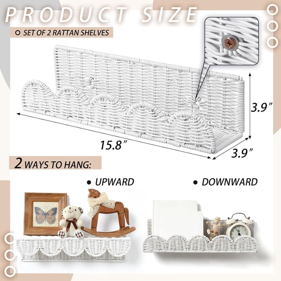 4 Pcs Nursery Book Shelves 15.8 Inch Rattan Scalloped Floating Bookshelves Wicker Boho Book Shelf for Wall Mounted Decor Nursery Rooms Hanging(Cute)