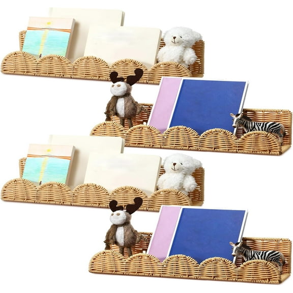 4 Pcs Nursery Book Shelves Rattan Scalloped Floating Bookshelves Wicker Boho Book Shelf for Wall Mounted Decor Nursery Rooms Hanging (Classic,15.8 Inch)