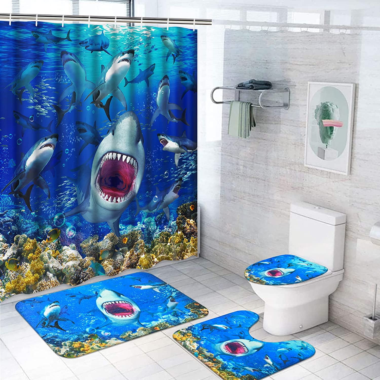 4 Pcs Ocean Shark Shower Curtain Set with Non-Slip Rug, Toilet Lid Cover and Bath Mat, Kids 3D ...