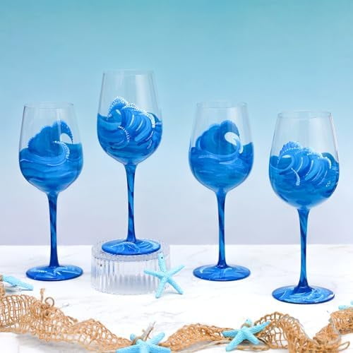 4 Pcs Ocean Wave Hand Painted Wine Glasses Beach Stemmed Wine Glasses Waves Decorative Drinking Cup Summer Ocean Gifts for Women Men Birthday Beach Themed Party Supplies$$Home Decor, Kitchen, & Other