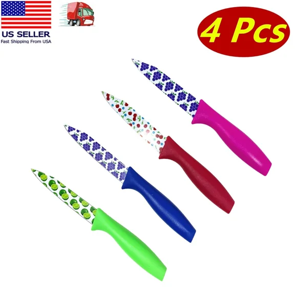 4 Pcs Of Kitchen & Fruit Knives With Fruity Design, Casing For Blade, 3.5" Blade