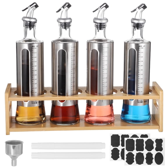 4 Pcs Premium Glass Oil Dispenser Set with Wooden Stand – 17oz Olive Oil & Vinegar Bottles, Leak-Proof Spouts, Metal Funnel + Labels – Kitchen Countertop Organizer