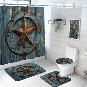 4 Pcs Old Rustic Texas Star Shower Curtain Set with Non-Slip Rugs, Toilet Lid Cover and Bath Mat, Blue Wood Wall Rustic Cowboy Bathroom Shower Curtain with 12 Hooks Accessories Decorative