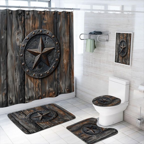 4 Pcs Old Rustic Texas Star Shower Curtain Set with Non-Slip Rugs, Toilet Lid Cover and Bath Mat, Blue Wood Wall Rustic Cowboy Bathroom Shower Curtain with 12 Hooks Accessories Decorative