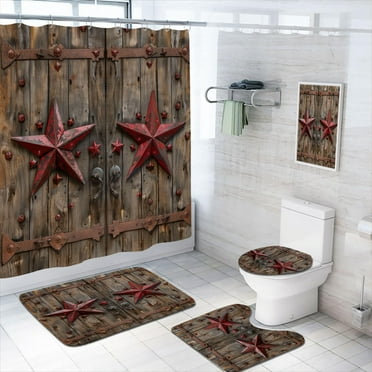 4 Pcs Old Rustic Texas Star Shower Curtain Set with Non-Slip Rugs, Toilet Lid Cover and Bath Mat, Blue Wood Wall Rustic Cowboy Bathroom Shower Curtain with 12 Hooks Accessories Decorative