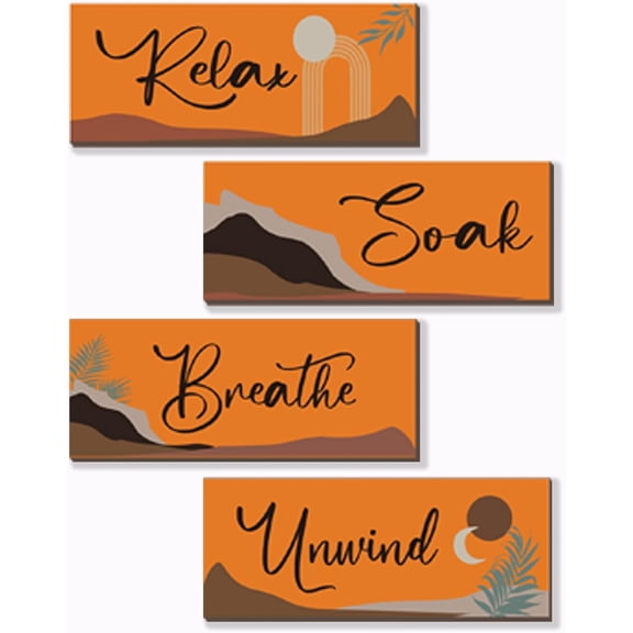 4 Pcs Orange Bathroom Decor Boho Wall Art With Relax Soak Unwind Breathe Quotes - Abstract Wooden Farmhouse Decor for Bedroom Living Room Office (10x4 Inch)