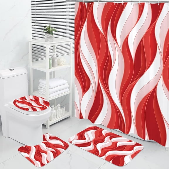 4 Pcs Orange Bathroom Sets with Shower Curtain and Rugs, Modern Striped Shower Curtain Sets with Rugs for Luxury Bathroom Decor, Abstract Bathroom Sets with Rugs and Accessories