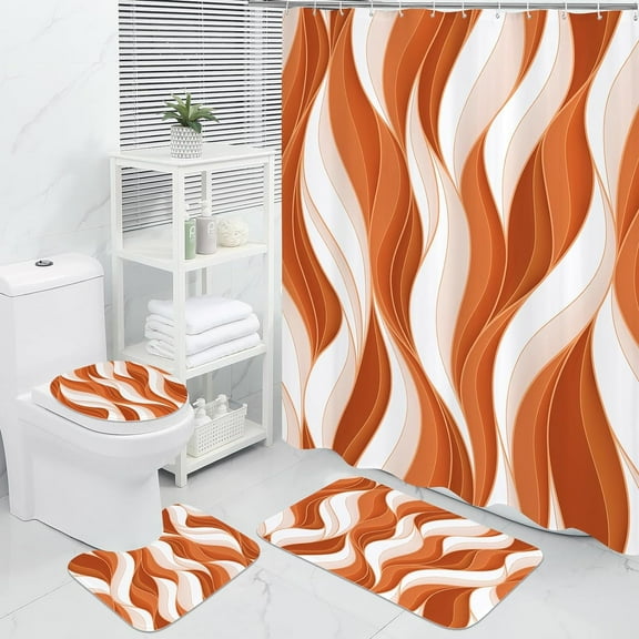 4 Pcs Orange Bathroom Sets with Shower Curtain and Rugs, Modern Striped Shower Curtain Sets with Rugs for Luxury Bathroom Decor, Abstract Bathroom Sets with Rugs and Accessories