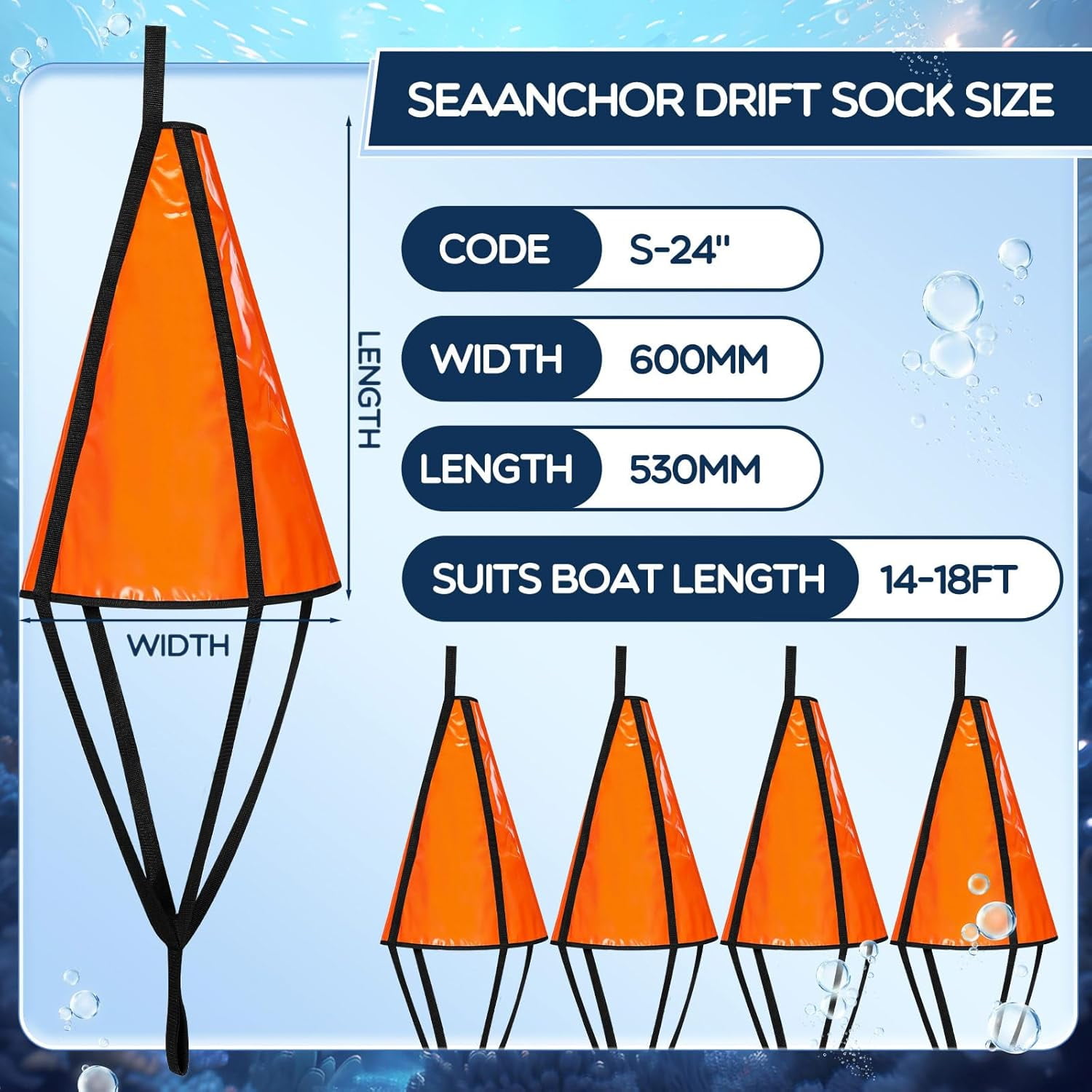 MOOCY Drift Sock Per Pesca Con Boa E Corda - Kit Per Barca, Kayak, Pontone (142 Cm + 6,1 M Di Corda) - 2