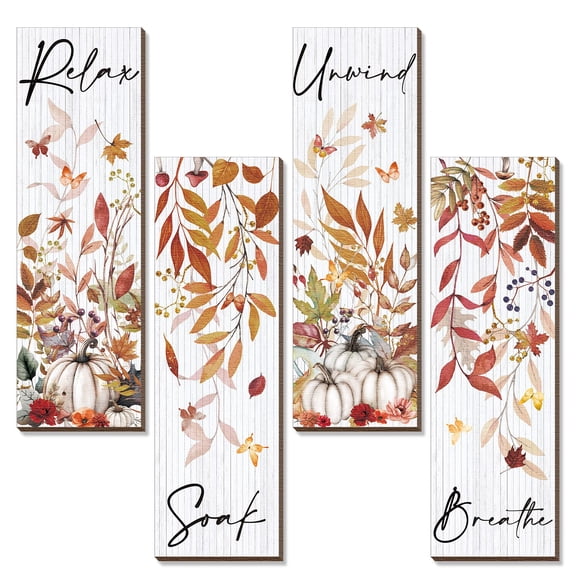 4 Pcs Orange Fall Wall Art Wood Signs Relax Soak Unwind Breathe Maple Leaf Decor for Bathroom Living Room