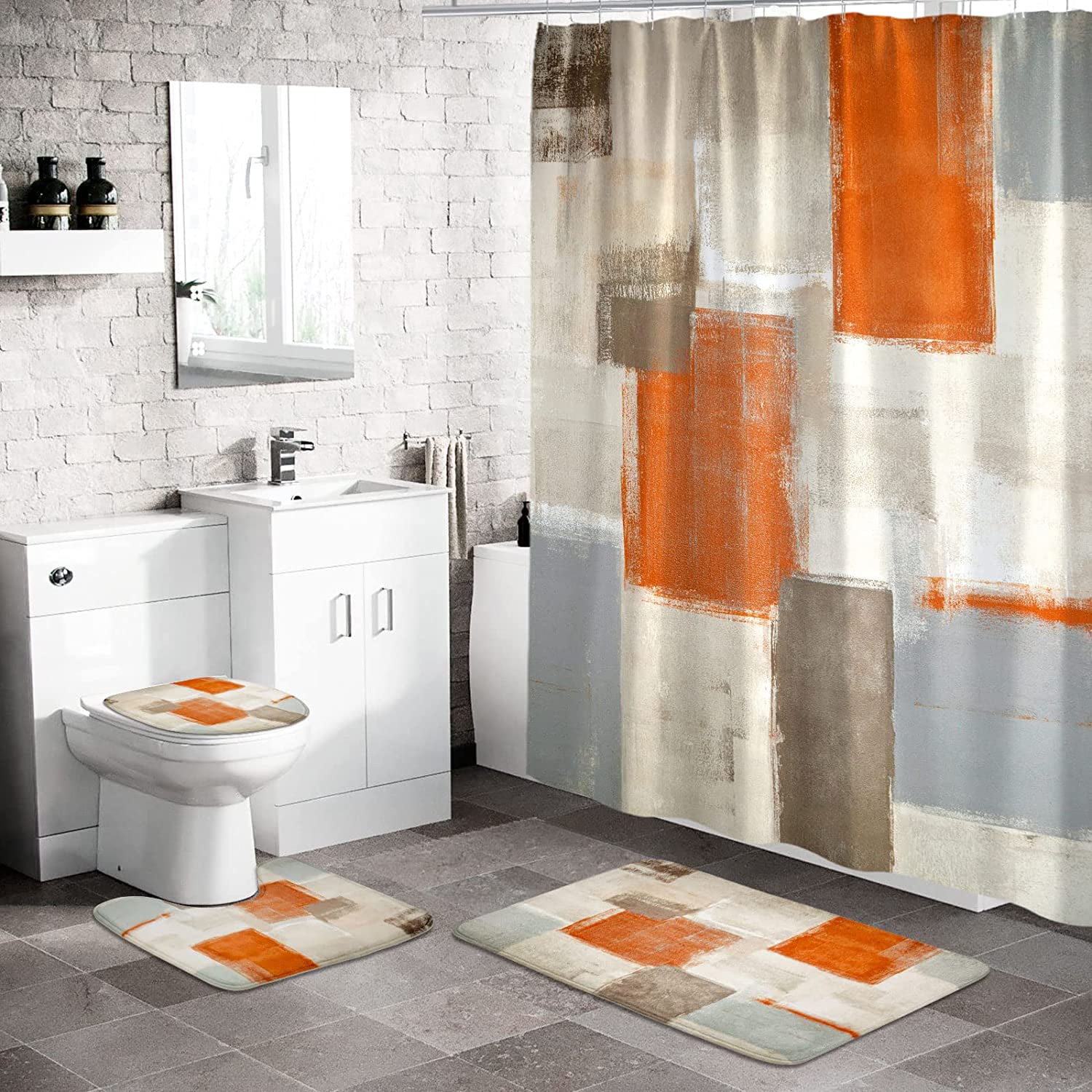 4 Pcs Orange Ombre Shower Curtain Sets with Rugs for Bathroom Decor ...