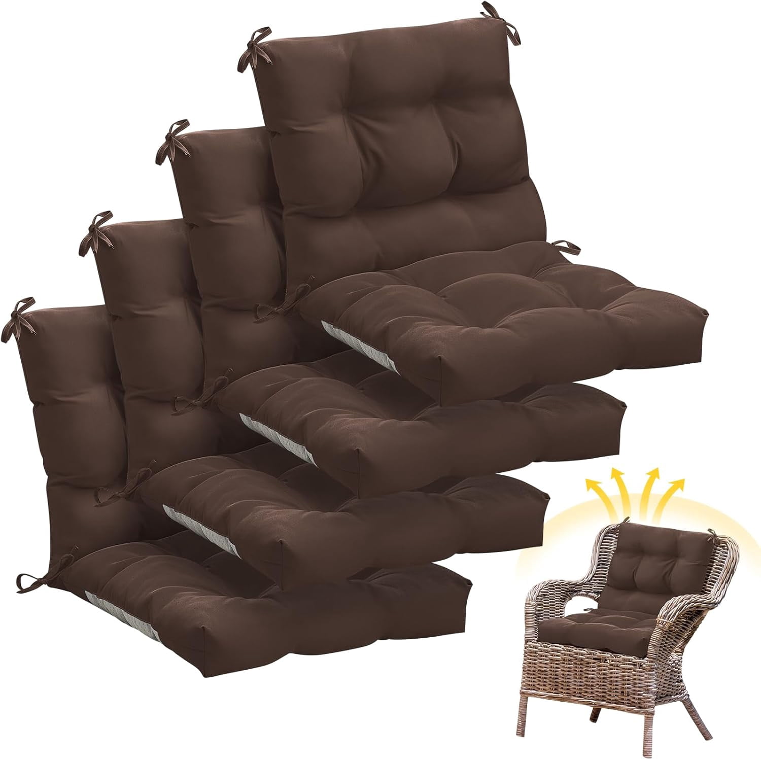 4 Pcs Outdoor Indoor High Back Chair Cushions Patio Furniture Tufted Pillow with Ties Water-Resistant Replacement Outdoor Rocking Chair Cushions, 42 x 21 Inches (Brown,Solid Color)