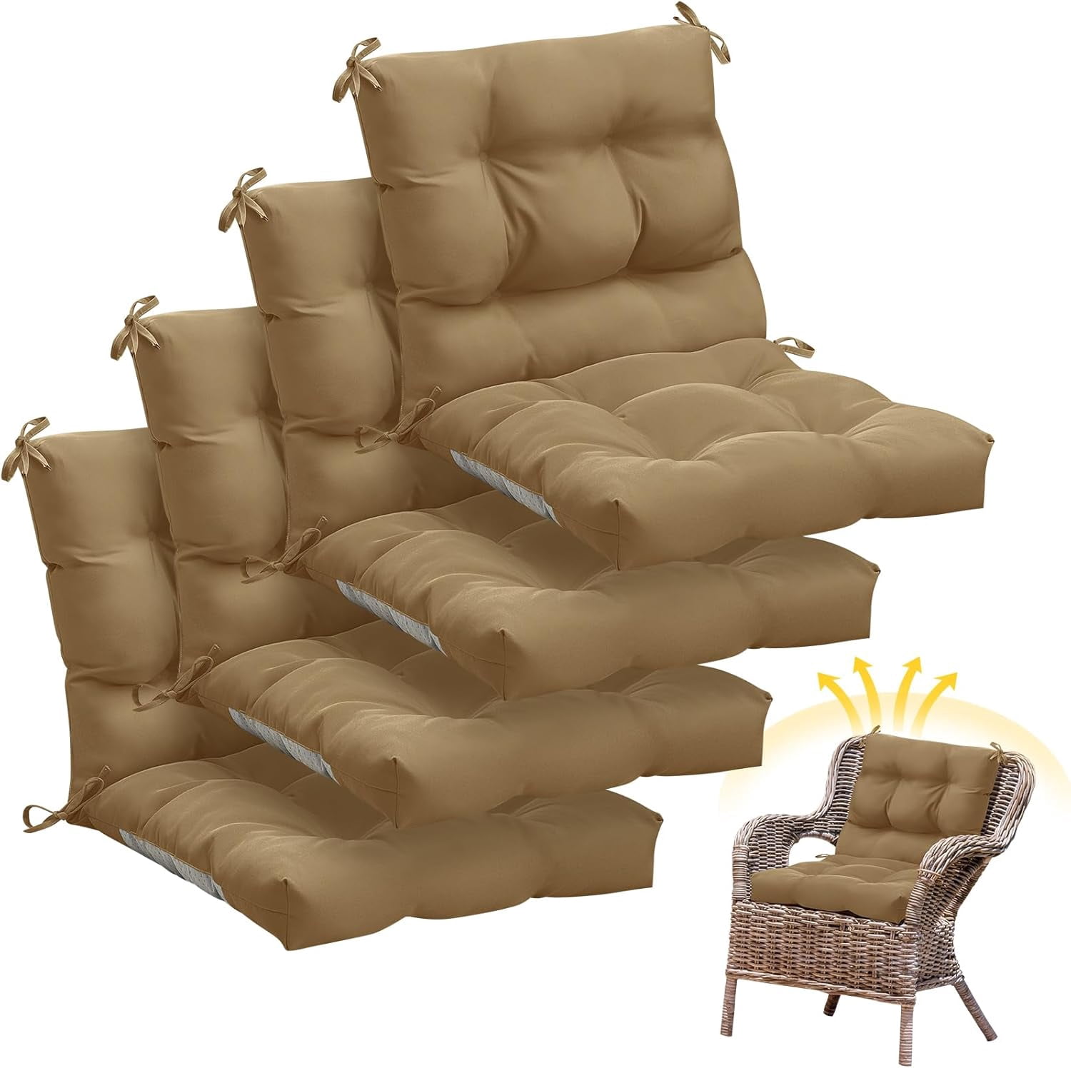 4 Pcs Outdoor Indoor High Back Chair Cushions Patio Furniture Tufted Pillow with Ties Water-Resistant Replacement Outdoor Rocking Chair Cushions, 42 x 21 Inches (Dark Brown,Solid Color)