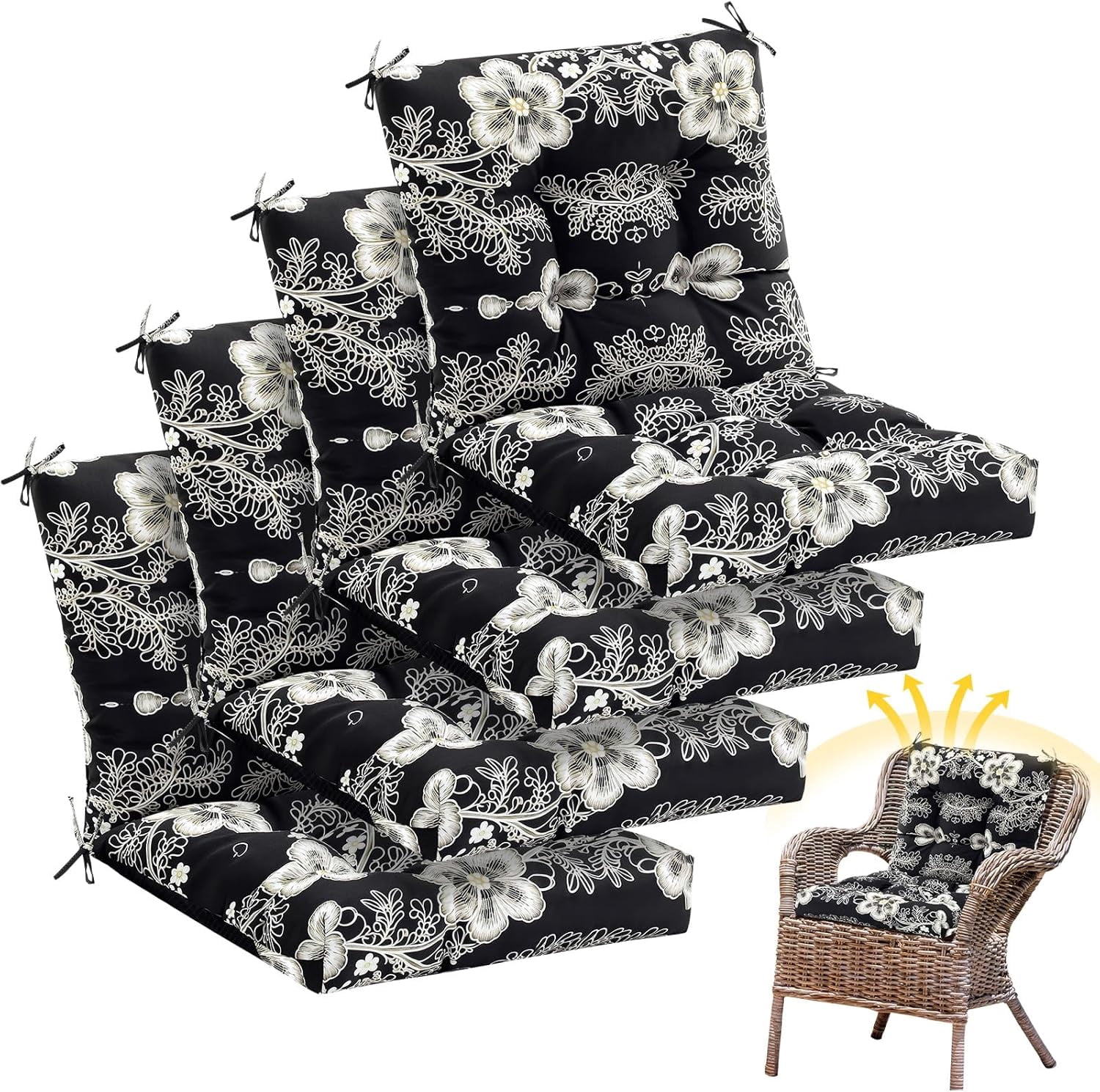 4 Pcs Outdoor Indoor High Back Chair Cushions Patio Furniture Tufted Pillow with Ties Water-Resistant Replacement Outdoor Rocking Chair Cushions, 42 x 21 Inches (Black,Flower)