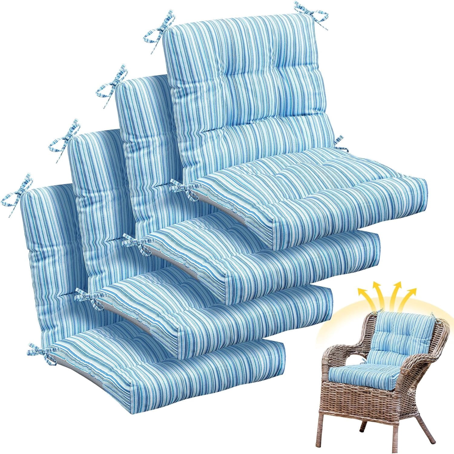 4 Pcs Outdoor Indoor High Back Chair Cushions Patio Furniture Tufted Pillow with Ties Water-Resistant Replacement Outdoor Rocking Chair Cushions, 42 x 21 Inches (Blue Stripes,Stripes)