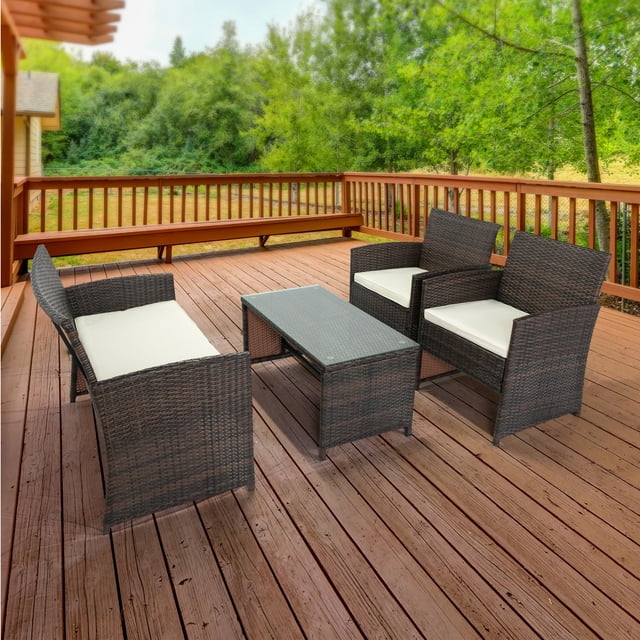 4 Pcs Outdoor Patio Furniture All-Weather Patio Conversation Set, Outdoor Rattan Sofas with Table Set, Patio Furniture Set with Soft Cushions & Tempered Glass Coffee Table
