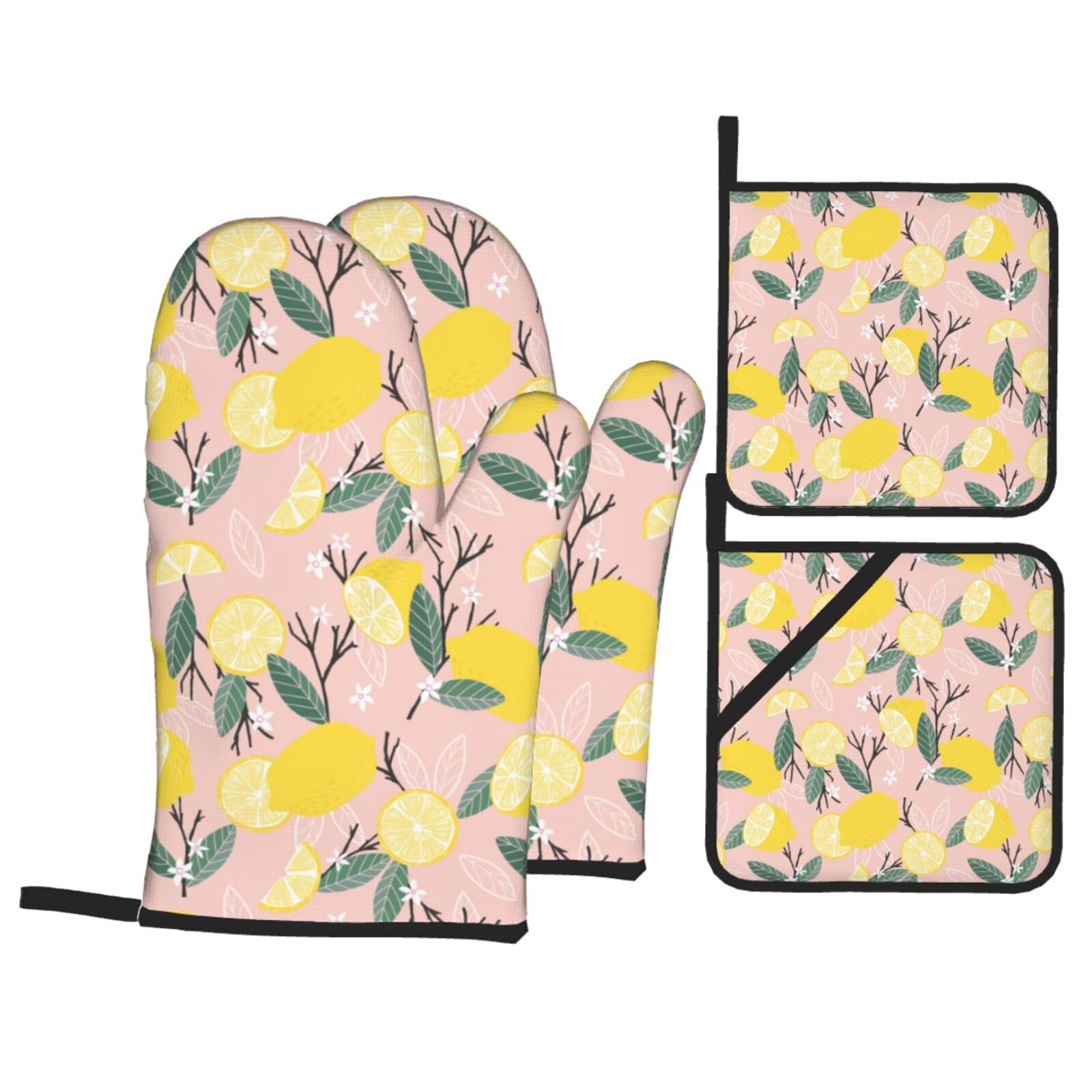 8 Designer Pot Holders Set - Heat Resistant With Pockets & Loops (Sunflower, Lemon Floral Patterns)