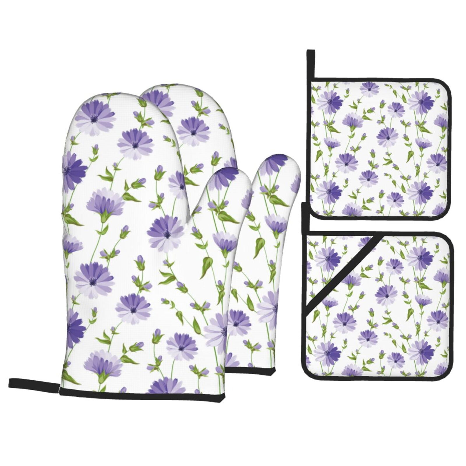 4 Pcs Oven Mitts and Pot Holders Set Purple chicory High Heat Resistant ...