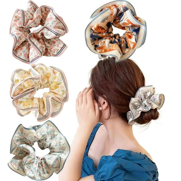 4 Pcs Oversize Scrunchies, Elastics Bands Floral Scrunchie, Rubber Bands Chiffon for Thick Curly Hair, Flower Ties for Women Girls