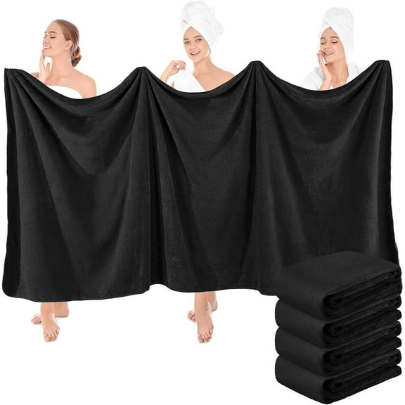 4 Pcs Oversized Fleece Bath Towels, 40 x 80 Inch Bath Sheets Extra Large ber Coral Velvet Highly Absorbent Towels 350gsm High Density Towel for Adults Home Beach (Black)
